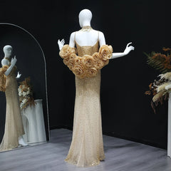 3D Flowers Gold Chokers Evening Dress with Cape