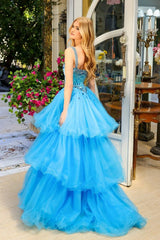 Blue Sparkling Beads Prom Dresses with Tulle Curly Edge