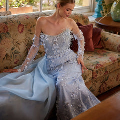 3D Flowers Feathers Mermaid Evening Dress with Sleeves