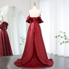Burgundy 3D Flower Off-Shoulder Satin Evening Dress