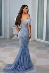 Feathers Beaded Long Prom Formal Gowns