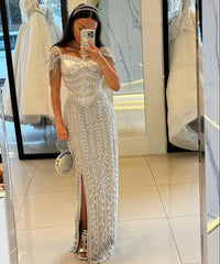 Cream tassel Straight Pink Evening Dress