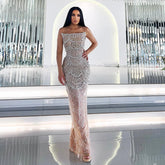 Silver Nude Pearls Strapless Long Evening Dress