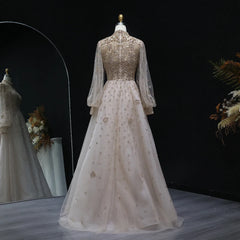 Beaded Champagne Long Sleeves Formal Gowns
