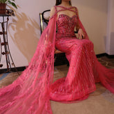 Crystal Fuchsia Mermaid Evening Dresses with Cape Sleeves