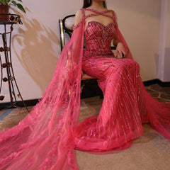 Crystal Fuchsia Mermaid Evening Dresses with Cape Sleeves