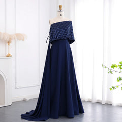 Navy Blue Off-Shoulder Evening Dress with Cape