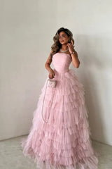 Pink Hand-pleated Tulle Multi-layer Prom Dresses