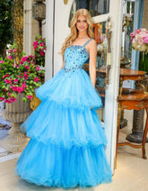 Blue Sparkling Beads Prom Dresses with Tulle Curly Edge
