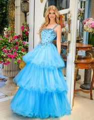 Blue Sparkling Beads Prom Dresses with Tulle Curly Edge