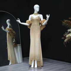 3D Flowers Gold Chokers Evening Dress with Cape