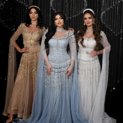 Blue Nude Evening Dress with Cape Sleeves