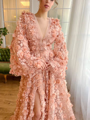 Peach-Pink 3D Flowers Bell Long Sleeves Prom Dress