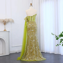 Mermaid Cape Sleeve Scalloped Green Evening Dress