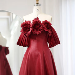 Burgundy 3D Flower Off-Shoulder Satin Evening Dress