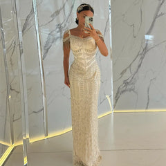 Cream tassel Straight Pink Evening Dress