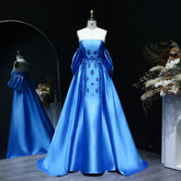 Satin Blue Detachable Overskirt Cape Sleeve Party Gown