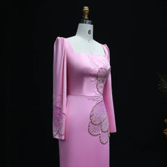 Pink Butterfly Beaded Long Sleeves Squared Neckline Gown
