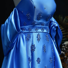 Satin Blue Detachable Overskirt Cape Sleeve Party Gown