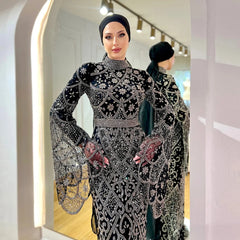 Black Beaded Flare Long Sleeves High Neck Gowns