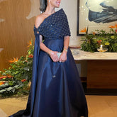 Navy Blue Off-Shoulder Evening Dress with Cape