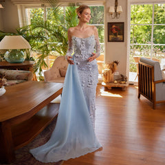 3D Flowers Feathers Mermaid Evening Dress with Sleeves