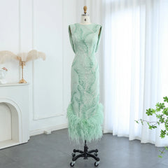 Sage Green Feathers Graduation Prom Dress