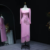 Pink Butterfly Beaded Long Sleeves Squared Neckline Gown