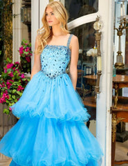 Blue Sparkling Beads Prom Dresses with Tulle Curly Edge