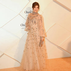 Beaded Champagne Long Sleeves Formal Gowns