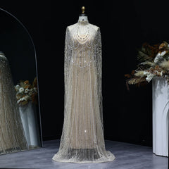 Beaded Nude Kaftan Evening Dress