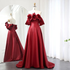 Burgundy 3D Flower Off-Shoulder Satin Evening Dress