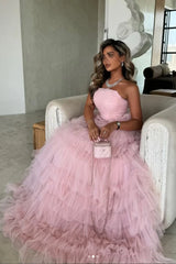 Pink Hand-pleated Tulle Multi-layer Prom Dresses