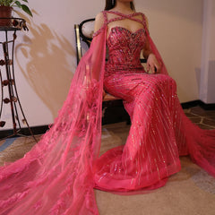 Crystal Fuchsia Mermaid Evening Dresses with Cape Sleeves