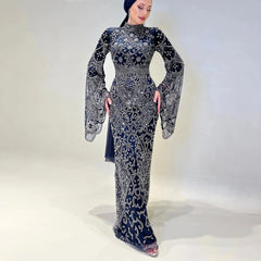 Black Beaded Flare Long Sleeves High Neck Gowns