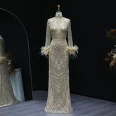 Beaded Feather High Neck Long Sleeves Gown