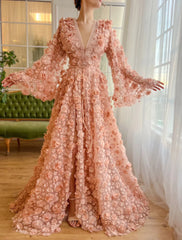 Peach-Pink 3D Flowers Bell Long Sleeves Prom Dress