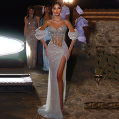 Slit Mermaid Crystal Silver Evening Dress with Sleeves