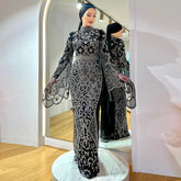 Black Beaded Flare Long Sleeves High Neck Gowns