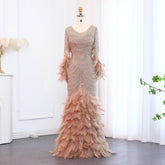 Feather Nude Mermaid Long Sleeves Elegant Gown