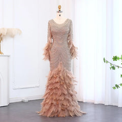 Feather Nude Mermaid Long Sleeves Elegant Gown