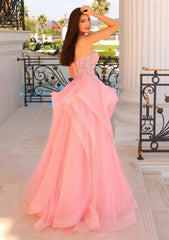 Sweetheart Pink Embroidered Fluffy Tulle Prom Dress