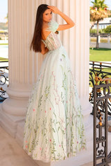 Floral Embroidered Tulle Prom Dresses with Feather