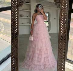 Pink Hand-pleated Tulle Multi-layer Prom Dresses