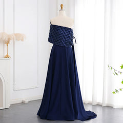 Navy Blue Off-Shoulder Evening Dress with Cape