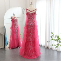 Crystal Fuchsia Mermaid Evening Dresses with Cape Sleeves