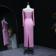 Pink Butterfly Beaded Long Sleeves Squared Neckline Gown