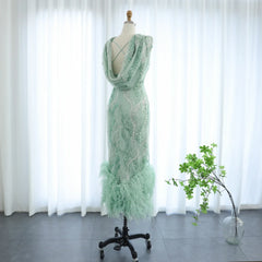 Sage Green Feathers Graduation Prom Dress