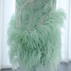 Sage Green Feathers Graduation Prom Dress