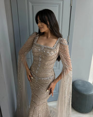 Caramel Square Neck Mermaid Evening Dress Cape Sleeves